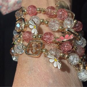 Festive Springtime Pink and White Beaded Bracelets with Daisy Flower 4pc Set